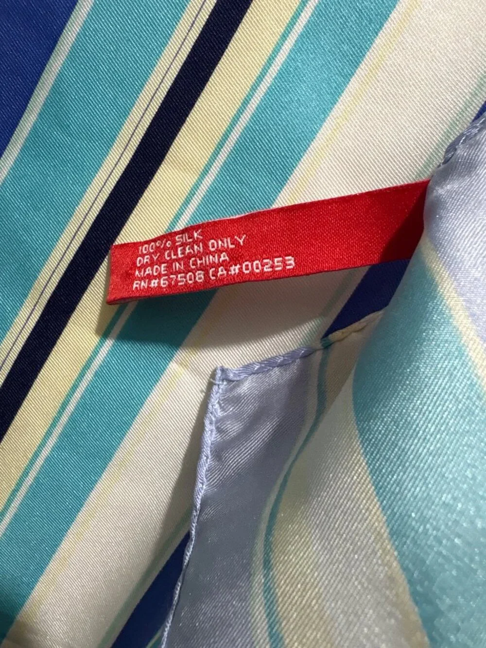 AK Anne Klein 100% silk rectangular scarf in blue, aqua & lemon stripe